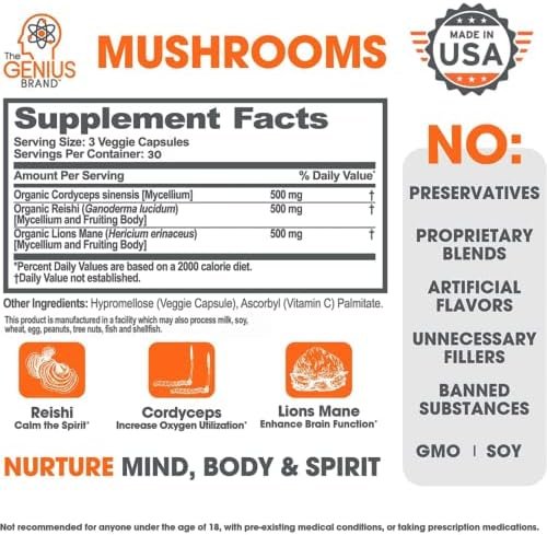 Genius Mushroom - Lions Mane, Cordyceps and Reishi - System Booster & Nootropic Supplement - for Energy & Support, 90 Veggie Pills Health & Household - Image 2