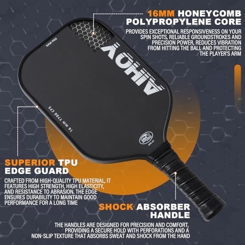 Aihoye PRO Pickleball Paddles- Raw T700 Carbon Fiber Textured Surface (CFS) with High Grit & Spin, Pickleball Paddles Set of 2 with 16MM Polypropylene Honeycomb Core, USAPA Approved Sports & Outdoors - Image 4