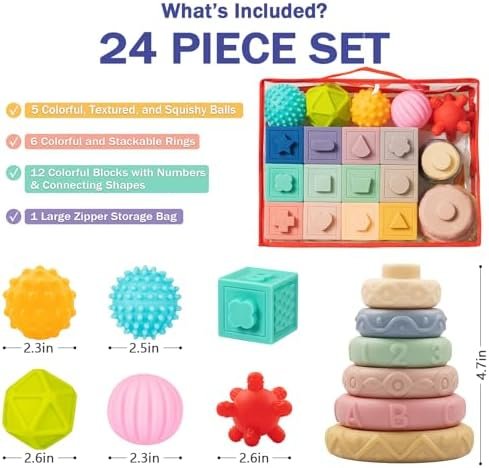 Jyusmile Baby Toys 6-12 Months, Montessori Toys for Babies 6-12 Months, Incl Stacking Building Blocks & Soft Infant Teething Toys & Sensory Balls for Toddlers 0-3-6-9-12 Months Toys & Games - Image 3