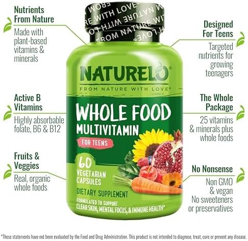 NATURELO Whole Food Multivitamin for Teens - Vitamins and Minerals for Teenage Boys and Girls - Supplement for Active Kids - with Organic Whole Foods - Non-GMO - Vegan & Vegetarian - 60 Capsules Health & Household - Image 4