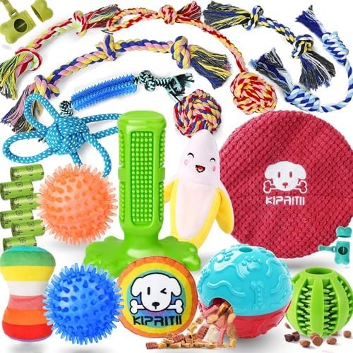 Pet Supplies KIPRITII 25 Pack Various Puppy Dog Toys for Teething, Entertainment & Interaction, Puppy Chew Toys Pack with Rope Toys, Treat Balls and Dog Squeaky Toys for Puppy & Small Dogs